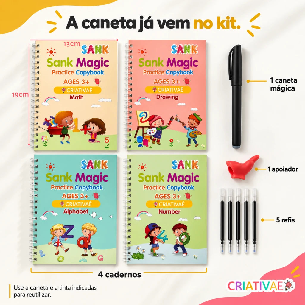 Cadernos Mágicos Criativaê - Kit 4 Cadernos de Caligrafia Reutilizáveis (Com Caneta Mágica, Recargas e Suporte de Escrita)