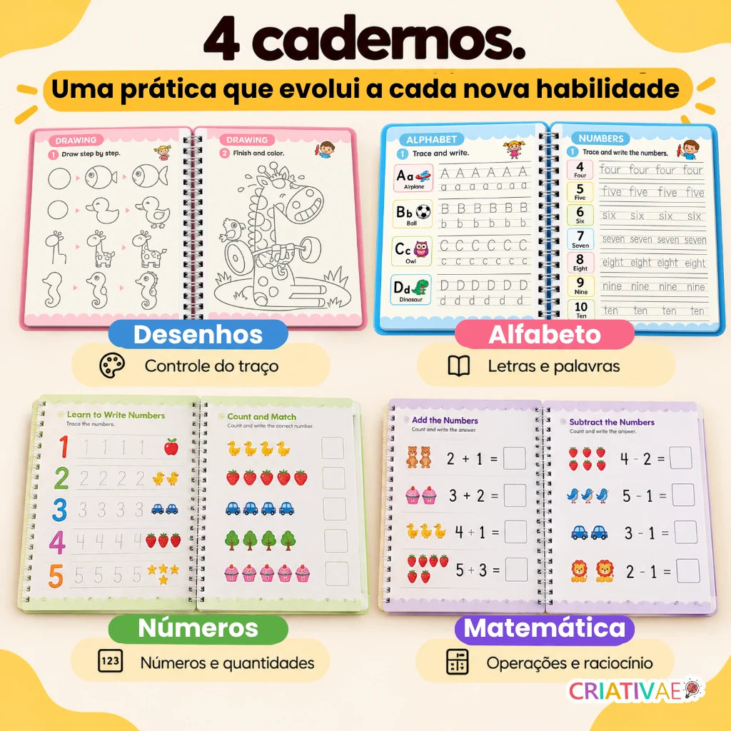 Cadernos Mágicos Criativaê - Kit 4 Cadernos de Caligrafia Reutilizáveis (Com Caneta Mágica, Recargas e Suporte de Escrita)