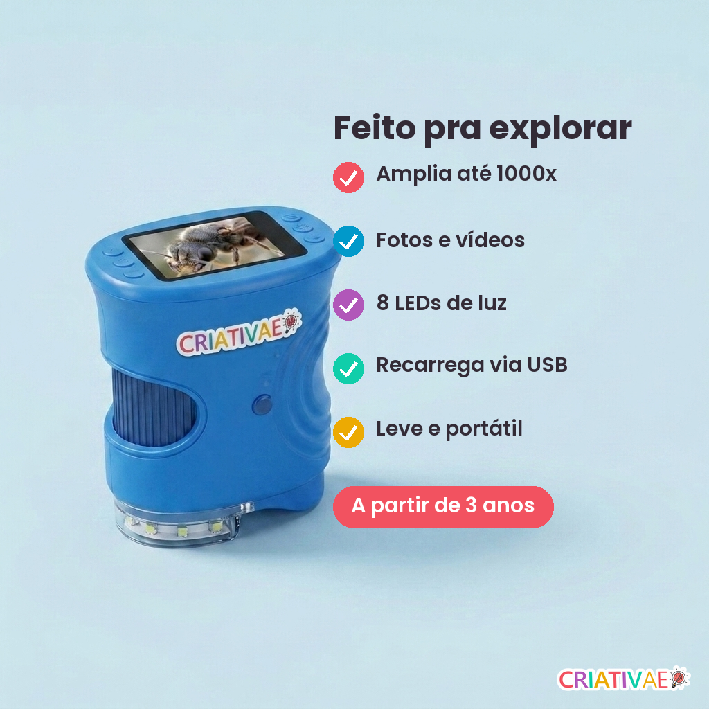 Benefícios do microscópio infantil Micro Kids: amplia até 1000x, fotos e vídeos, 8 LEDs, USB, leve