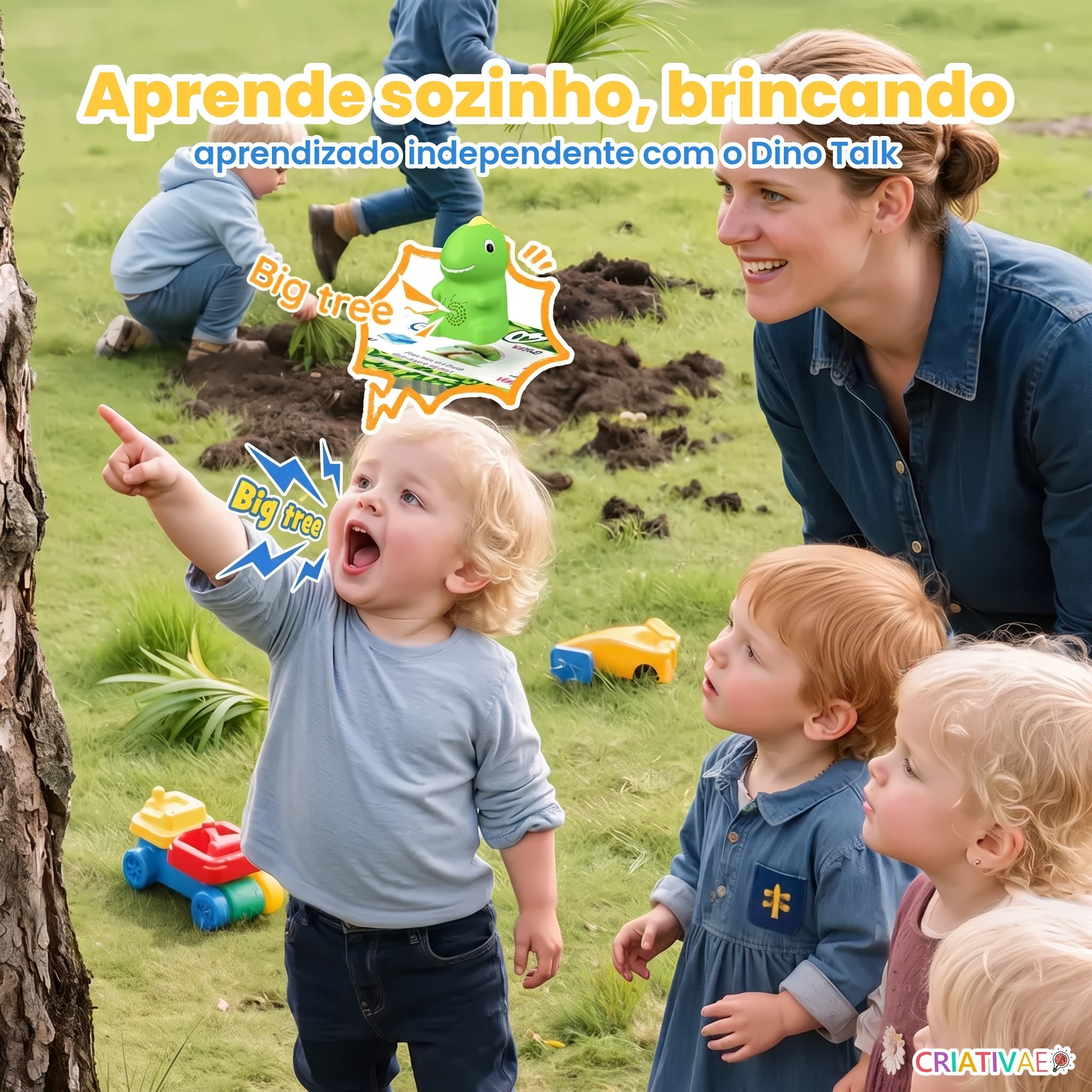 Crianças aprendendo inglês no quintal com o Dino Talk: aprende sozinho brincando