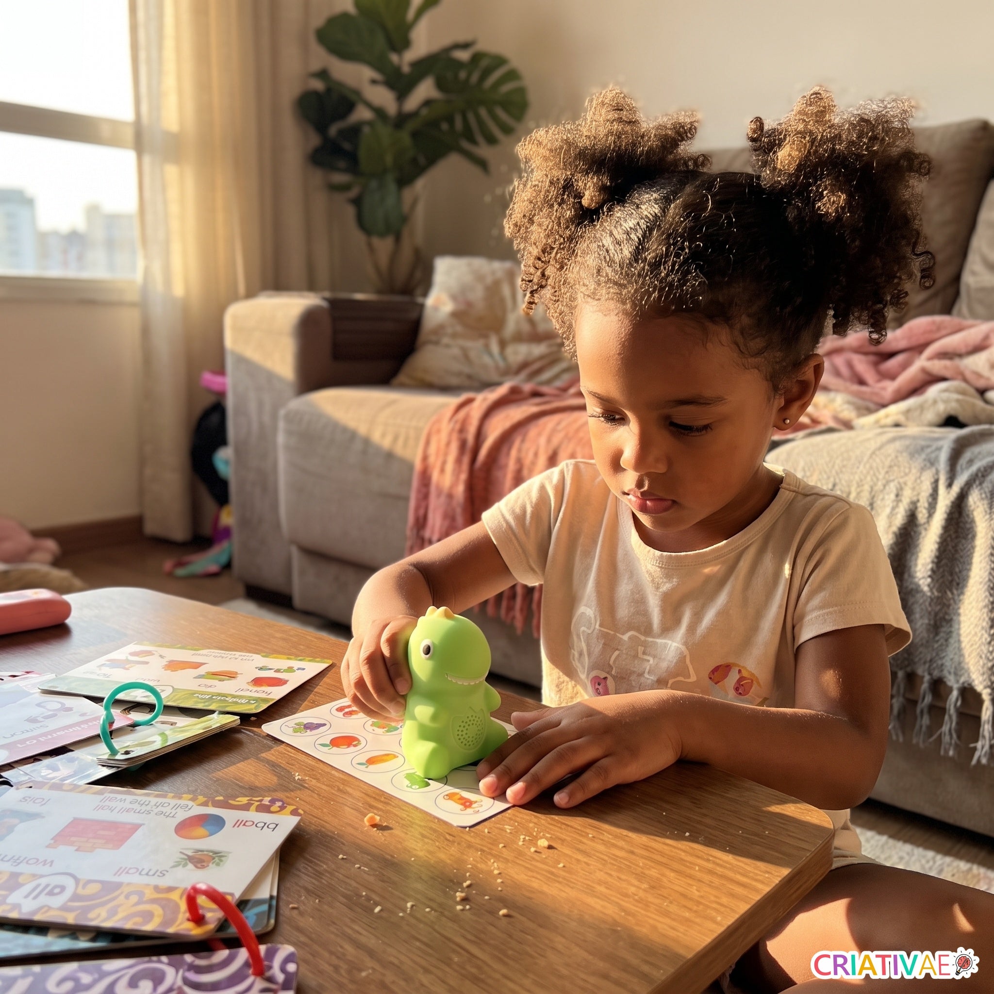 Criança aprendendo inglês brincando com o dinossauro falante Dino Talk