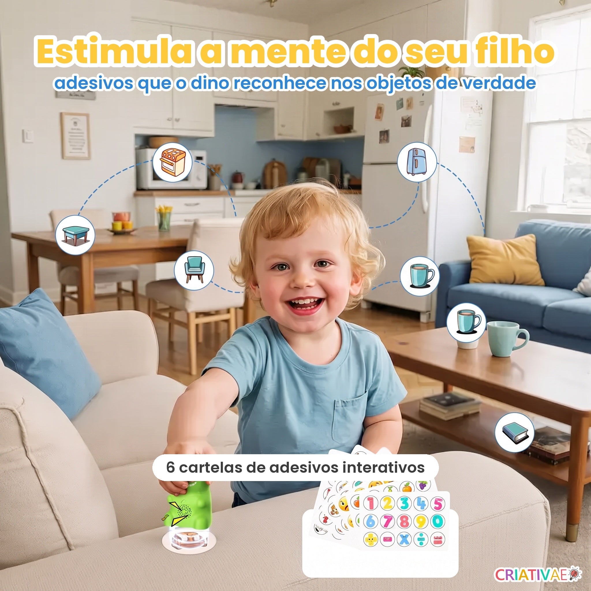 Adesivos do Dino Talk nos objetos da sala: estimula a mente do seu filho