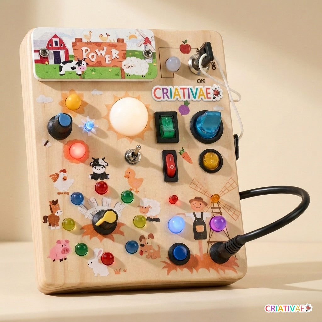 Painel sensorial Montessori Busy Kids com adesivo Criativaê e botões de LED acesos