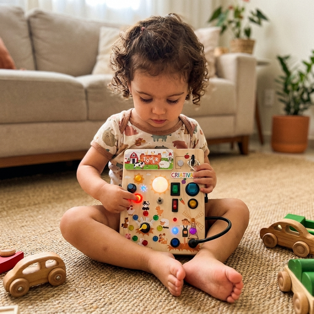 Criança de 2 anos brincando com o painel sensorial Busy Kids no tapete da sala