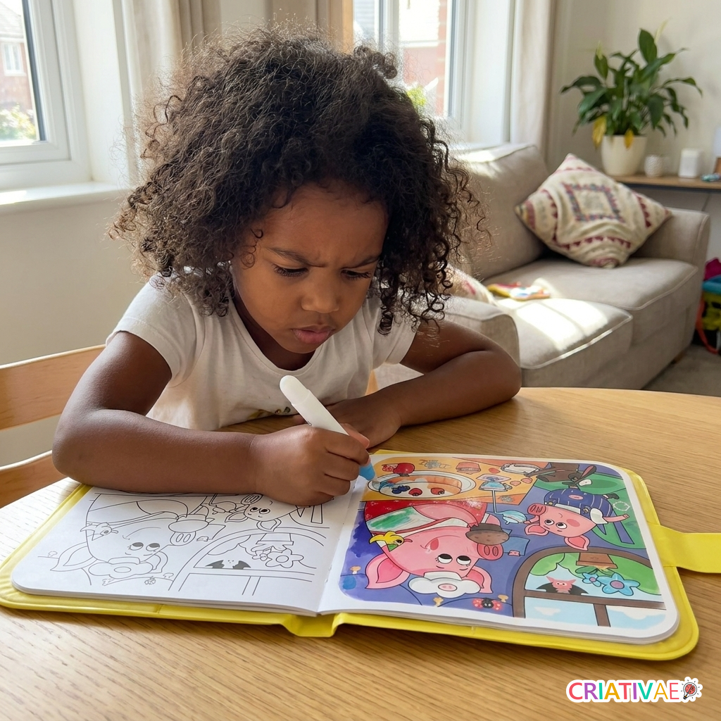 Menina pintando com água no livro Aqua Book na mesa de casa