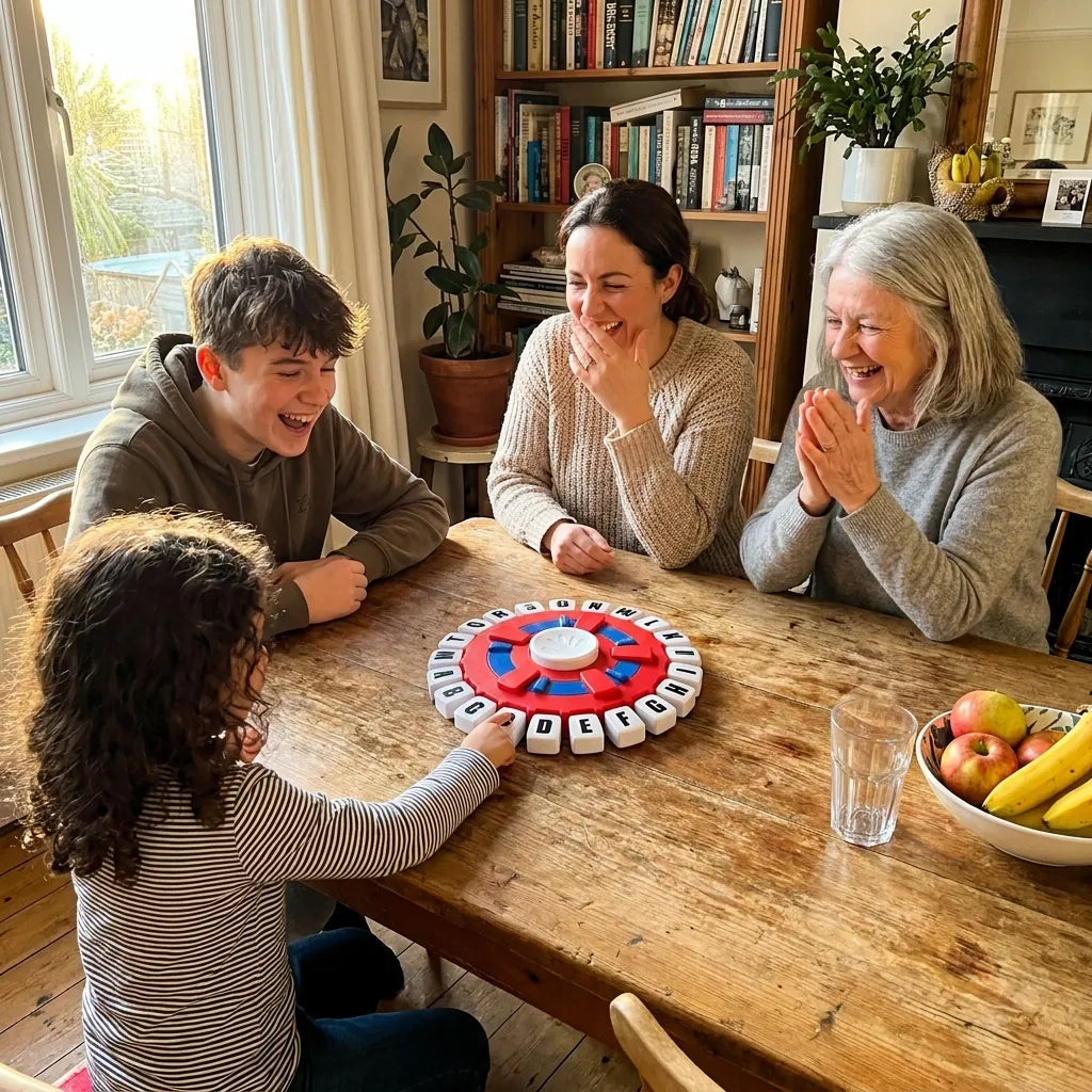 Família de quatro pessoas rindo ao redor da mesa jogando Word Rush Criativaê