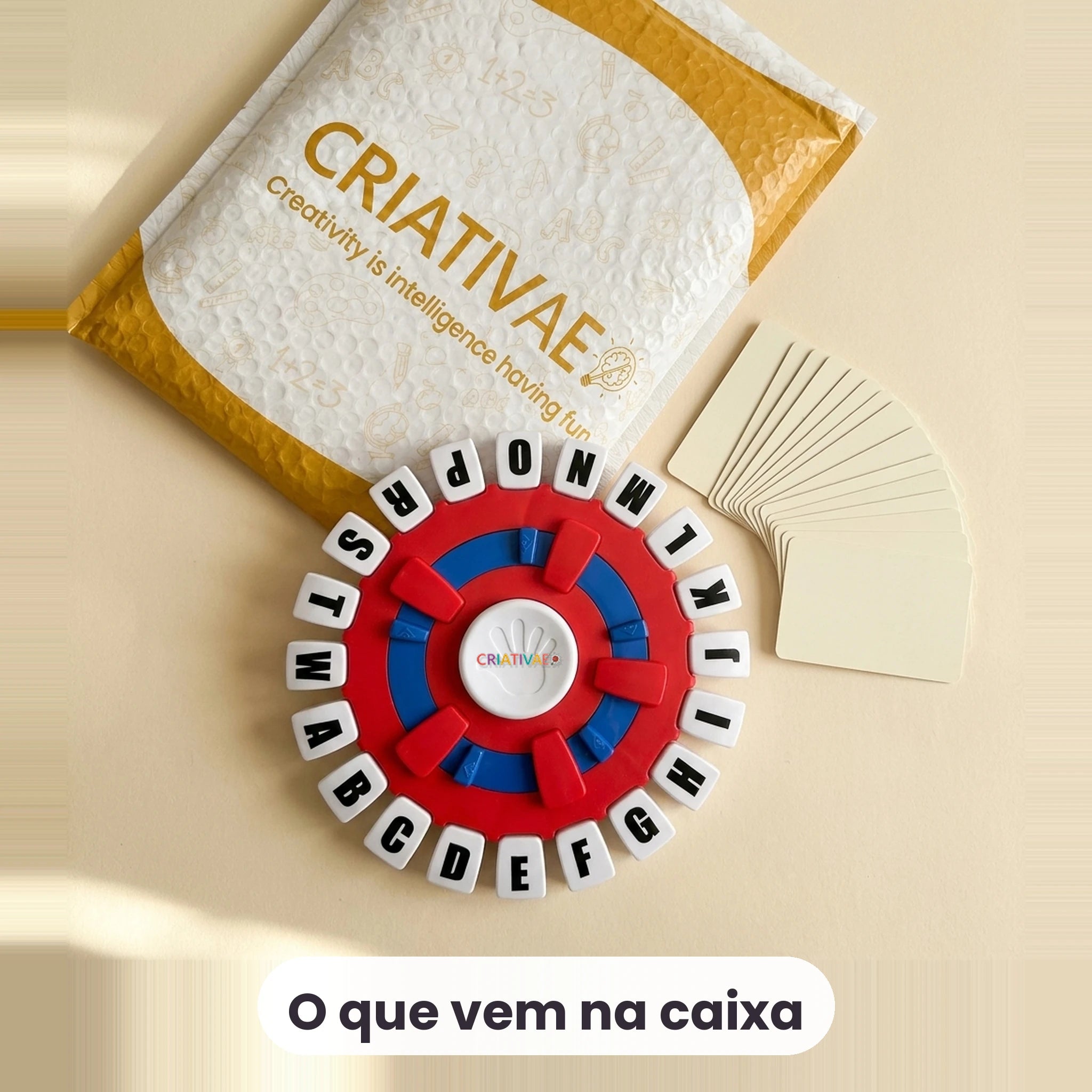 Conteúdo do Word Rush com a embalagem Criativaê ao lado do tabuleiro e do baralho