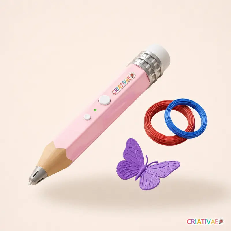 Caneta 3D infantil Air Pen Criativae rosa, corpo hexagonal de lapis, com filamentos e borboleta impressa
