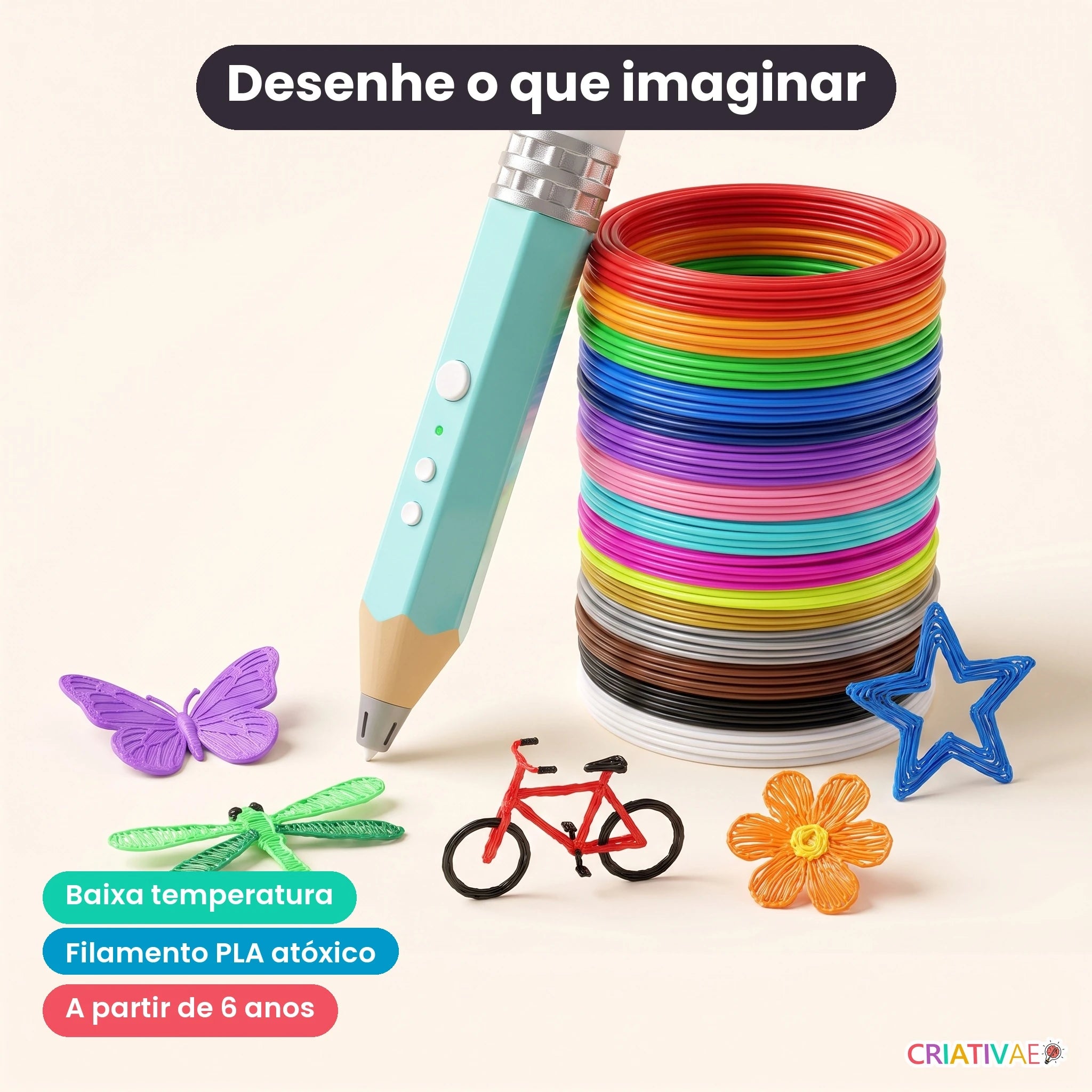 Caneta 3D Air Pen com torre de filamentos coloridos e pecas 3D prontas