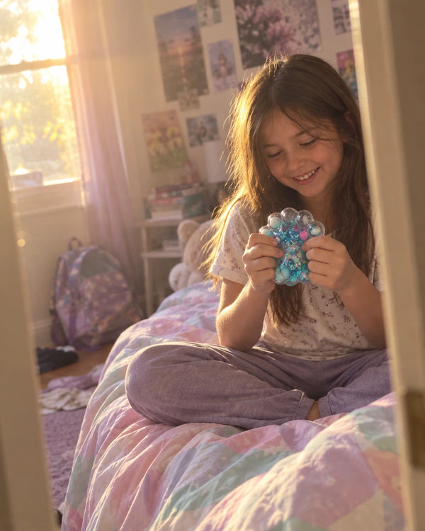 Menina apertando a patinha squishy na cama