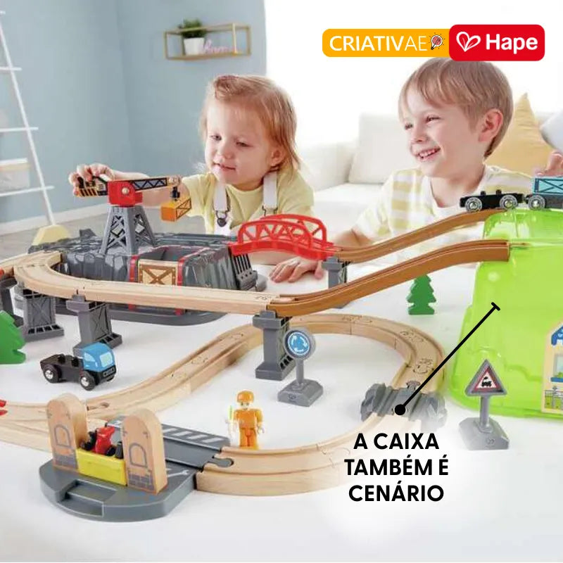Conjunto de Trem de Madeira 50 Peças Engenharia com Guindaste Magnético | HAPE
