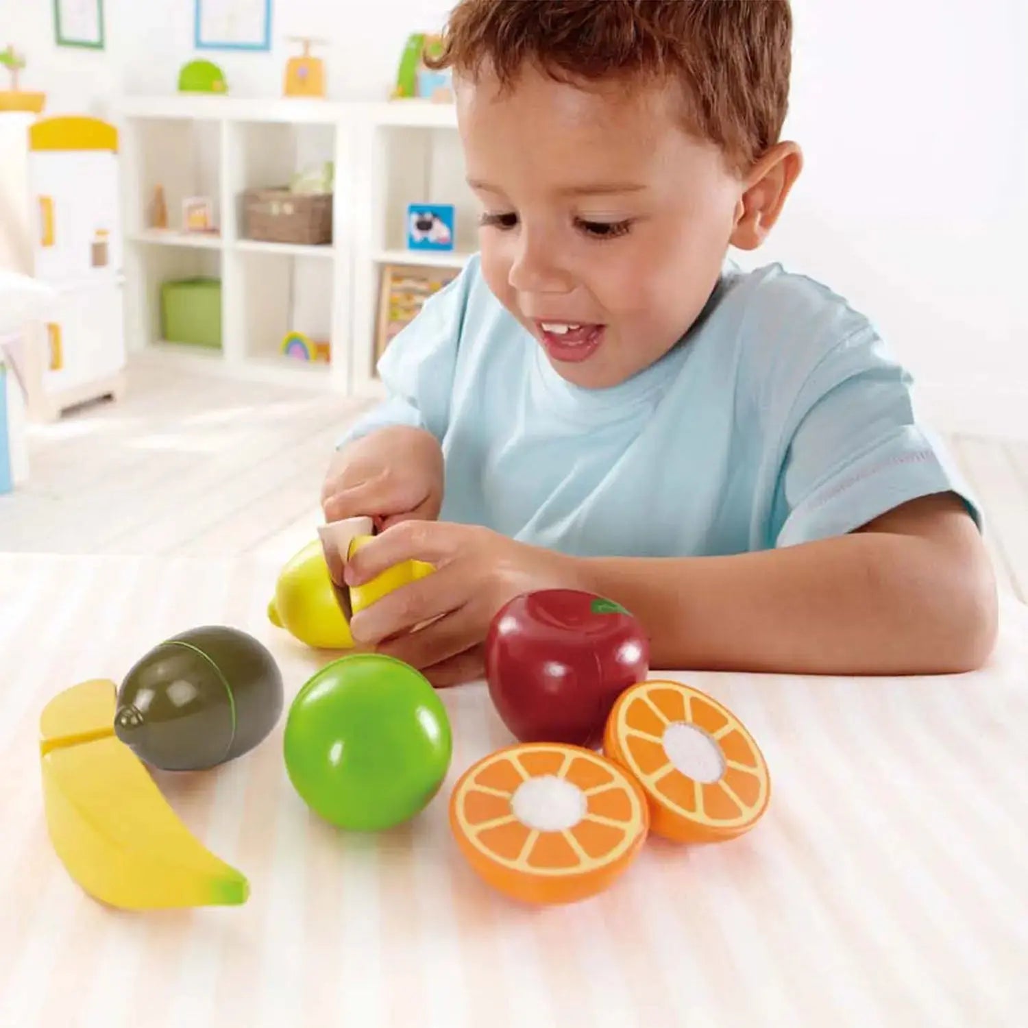 Conjunto Premium de Frutas de Madeira – Brinquedo Educativo Sensorial com Faca Infantil – Hape