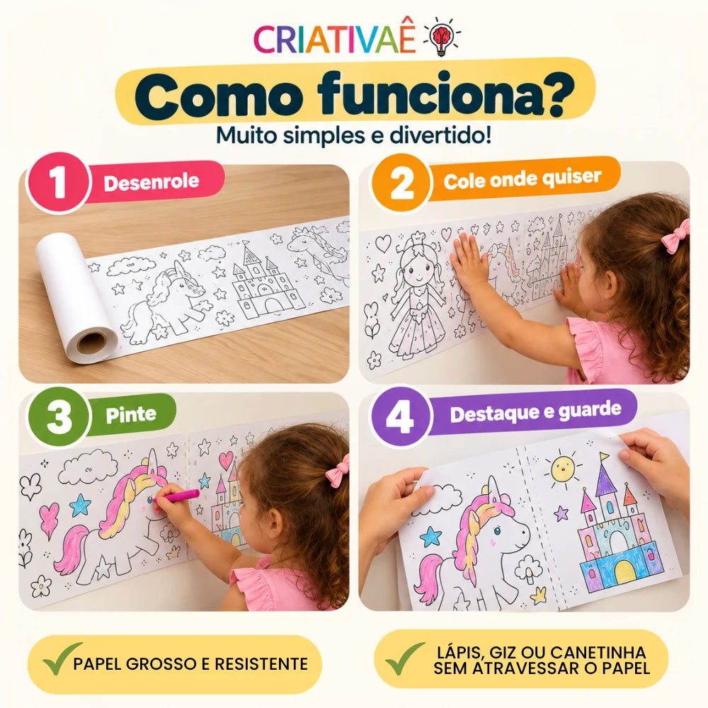Bobina Criativa Criativaê - Rolo de Colorir de 3 Metros com Mais de 1000 Desenhos Coláveis