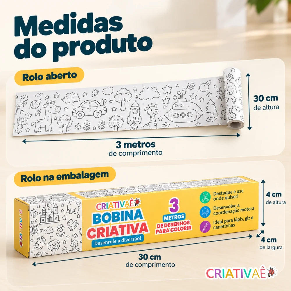 Bobina Criativa Criativaê - Rolo de Colorir de 3 Metros com Mais de 1000 Desenhos Coláveis