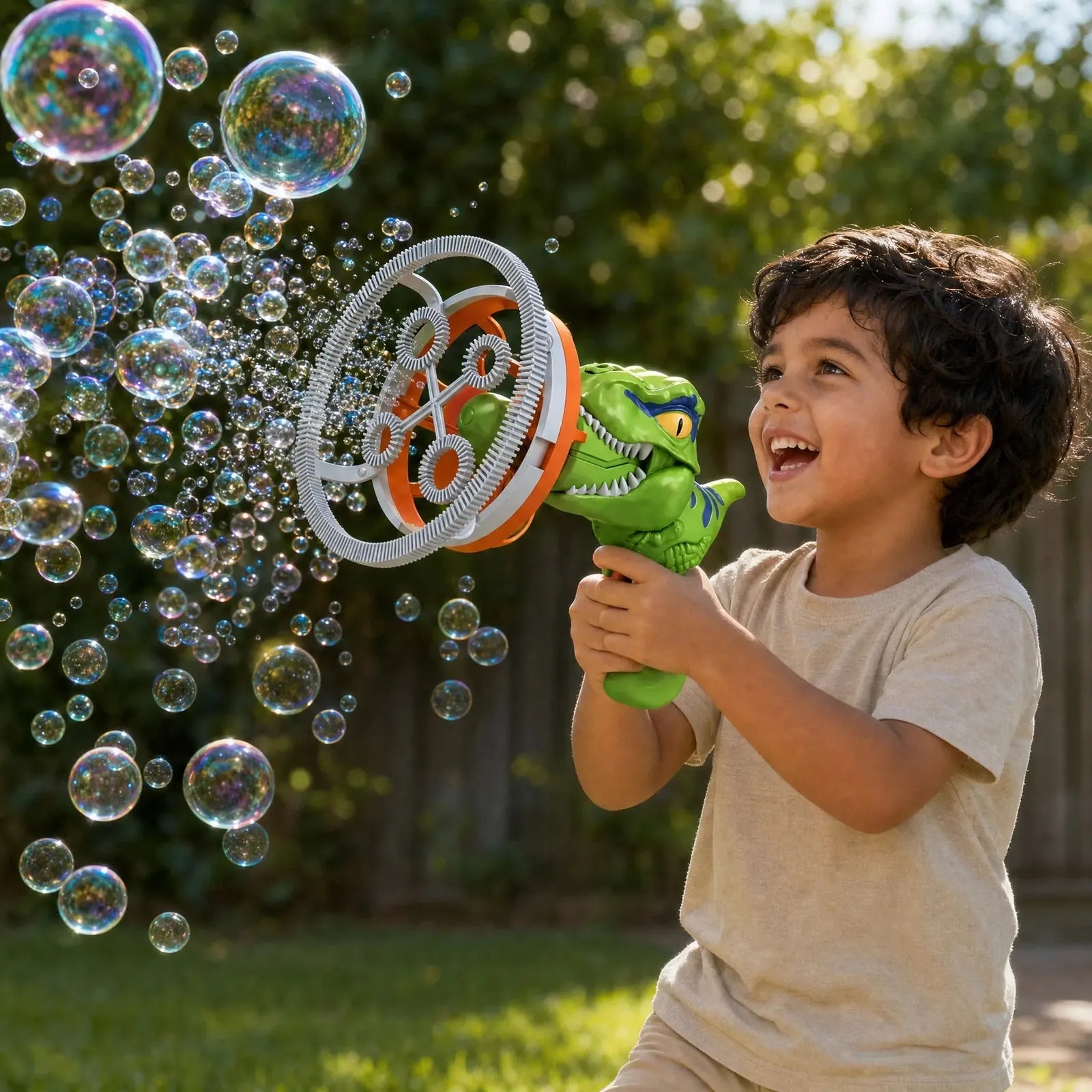 Menino brincando no quintal com o lançador de bolhas gigantes Dino Bubble Criativaê
