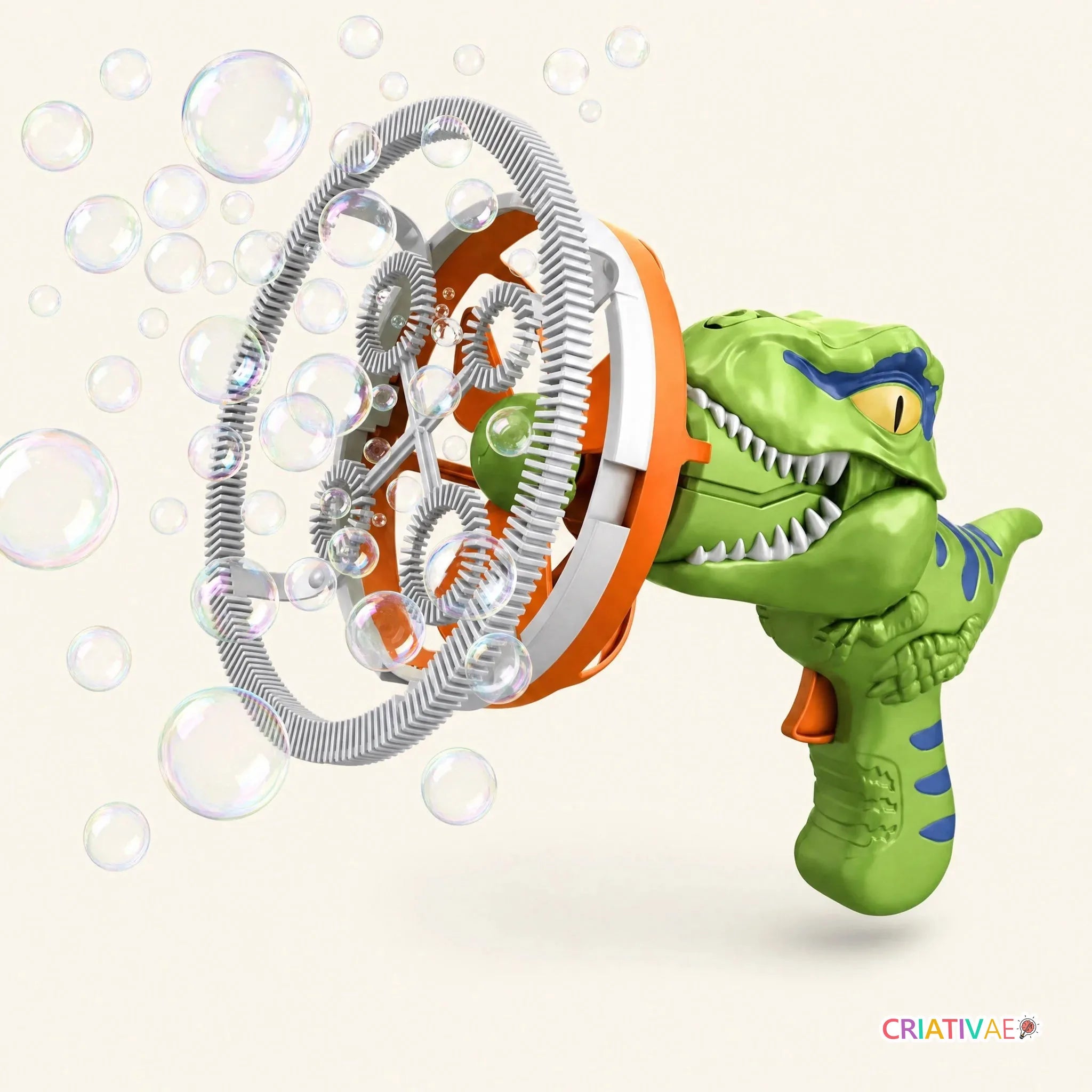 Lançador de bolhas Dino Bubble T-rex verde disparando bolhas gigantes