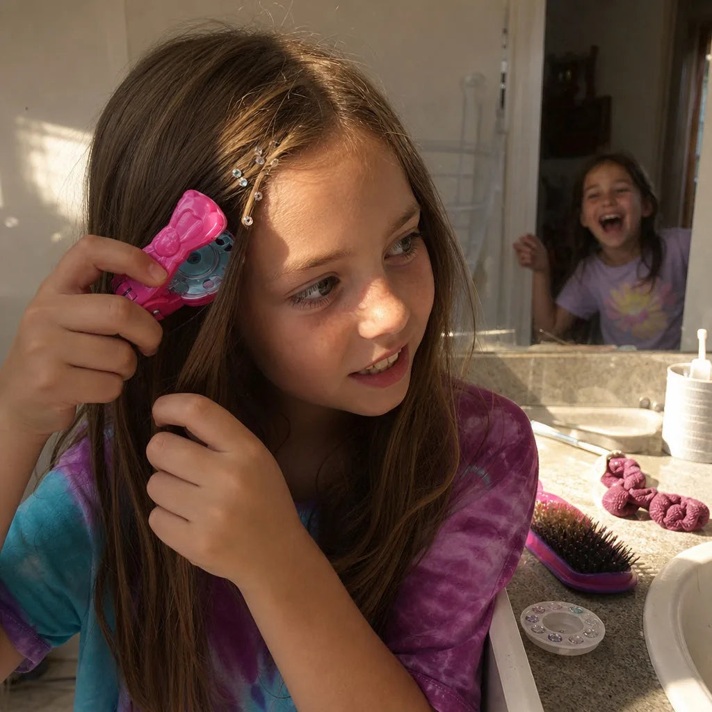 Menina aplicando strass no cabelo com o decorador Hair Glam na penteadeira