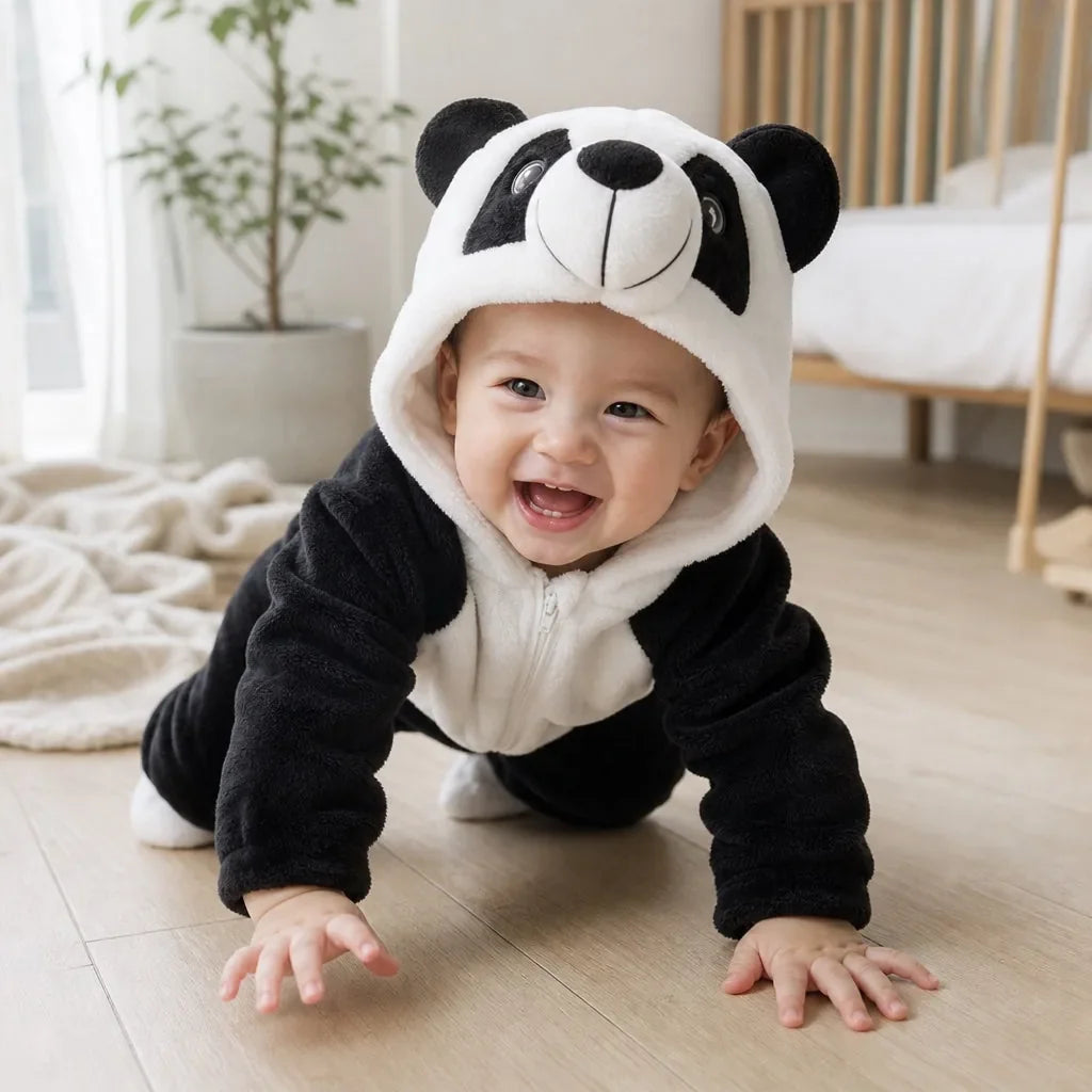 Bebê vestindo macacão Baby Bichinhos panda com capuz levantado, engatinhando no quarto