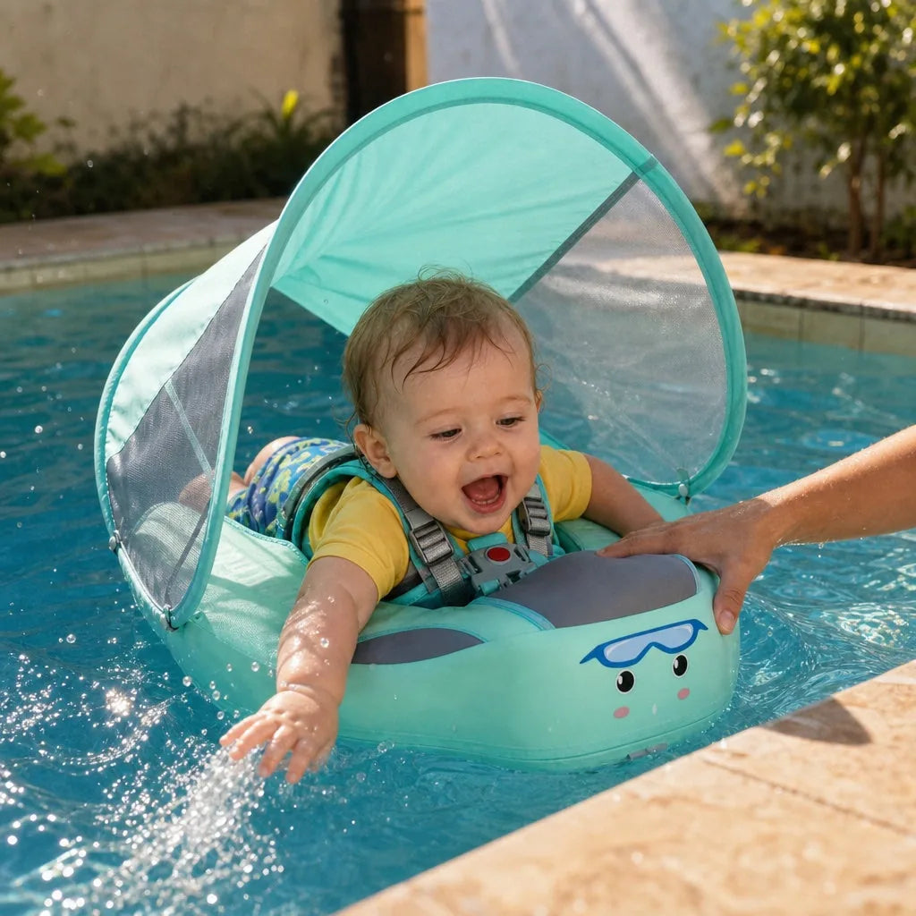 Bebê usando a boia PisciBoya com toldo de proteção solar na piscina