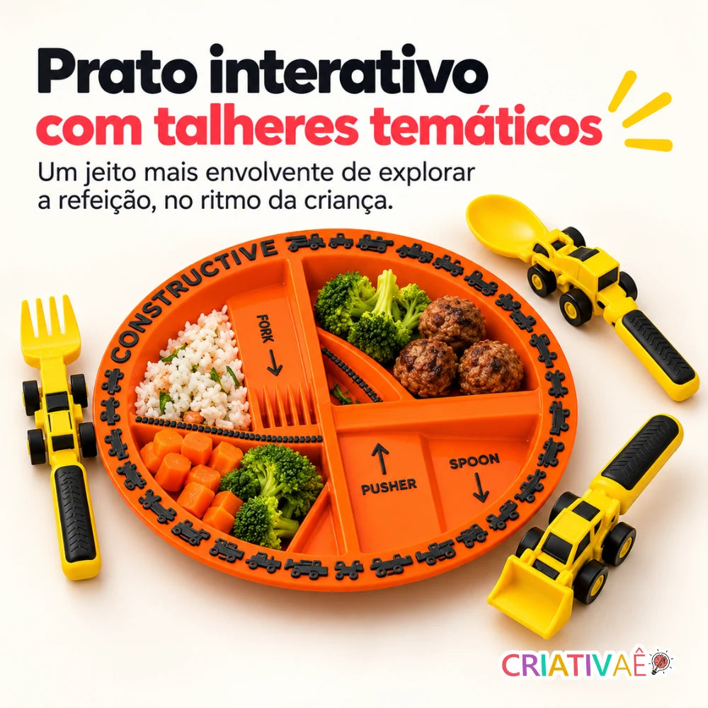 Kit Tratolher Criativaê - Prato Interativo com Talheres de Construção