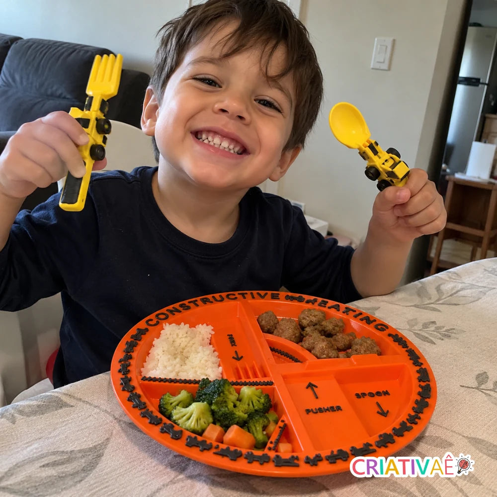 Kit Tratolher Criativaê - Prato Interativo com Talheres de Construção