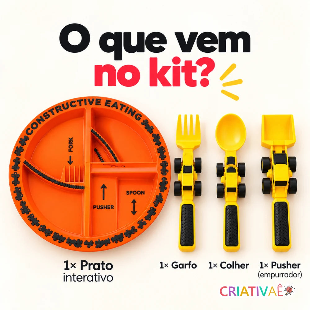 Kit Tratolher Criativaê - Prato Interativo com Talheres de Construção