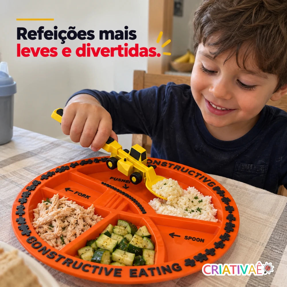 Kit Tratolher Criativaê - Prato Interativo com Talheres de Construção