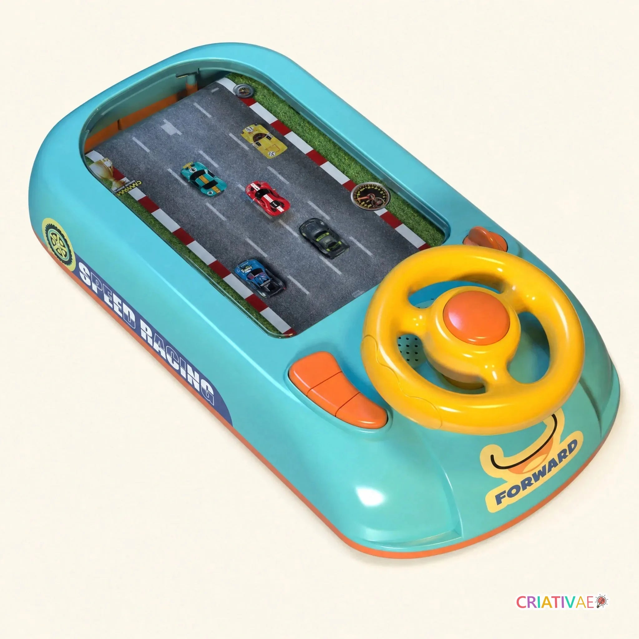 Simulador de corrida de carros Velociracer com volante amarelo e pista rolante com carrinhos