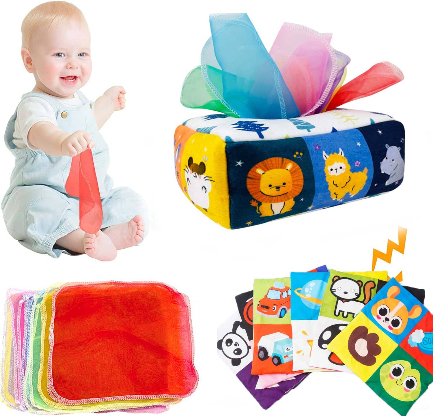 Caixa de Tecido Mágica Montessori -Para o aprendizado sensorial Criativaê Kit com 3 porta lenços mágicos