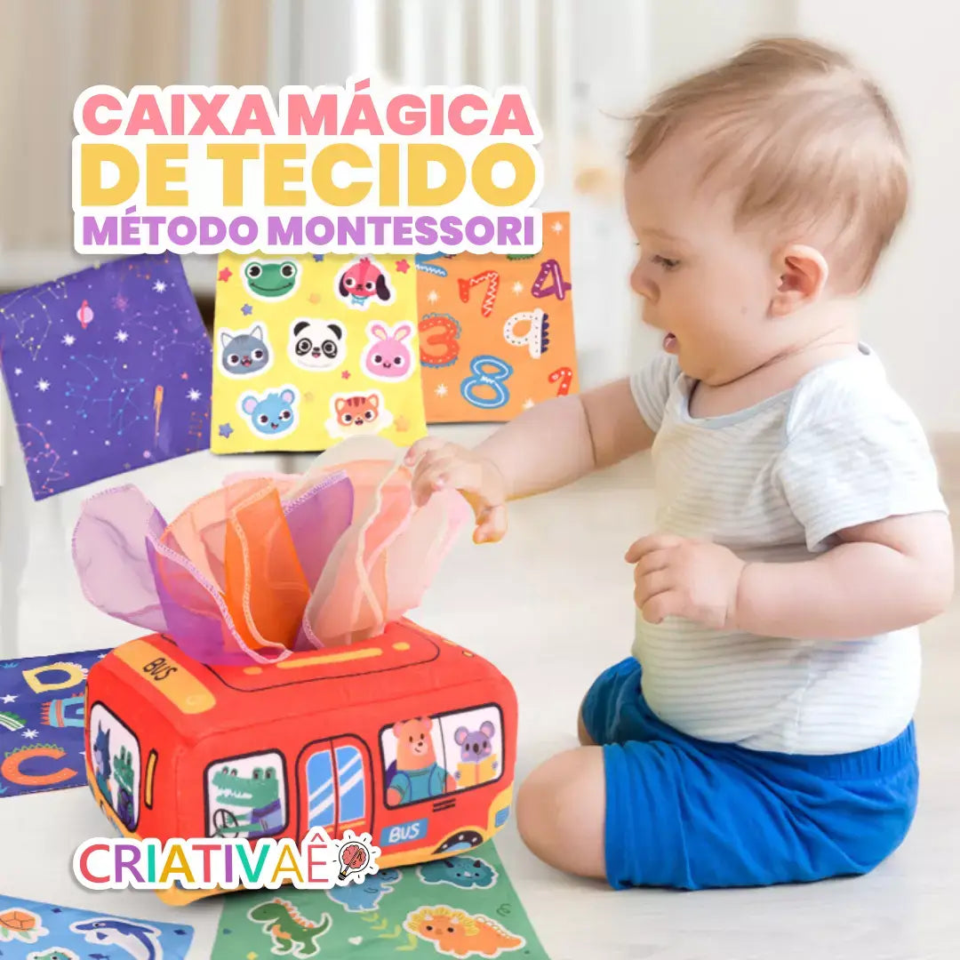 Caixa Mágica de Tecido Método Montessori para Aprendizado Sensorial + Brinde Exclusivo 0-2 Criativaê