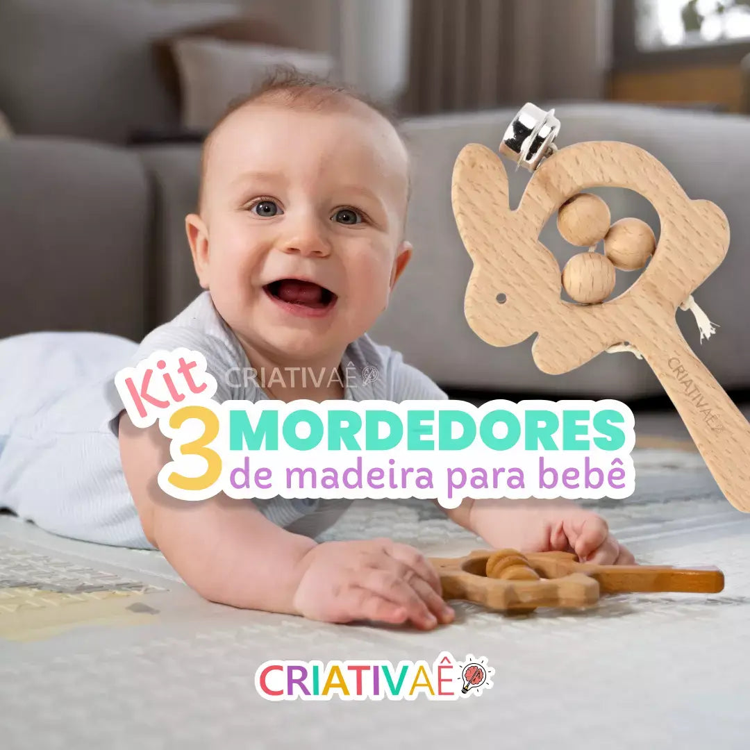 KIT 3 Mordedores de madeira para bebê + Brinde Exclusivo 0-2 Criativaê