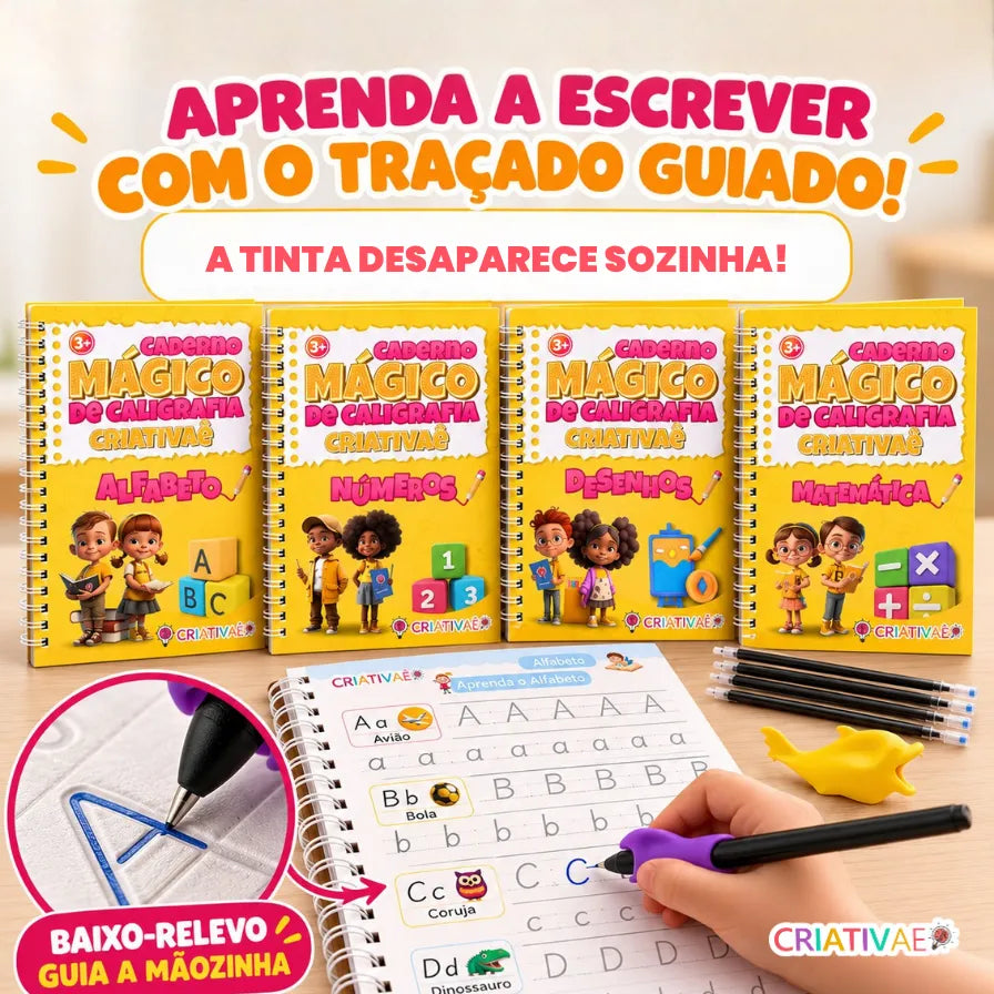 Cadernos Mágicos Criativaê - Kit 4 Cadernos de Caligrafia Reutilizáveis (Versão em Português)