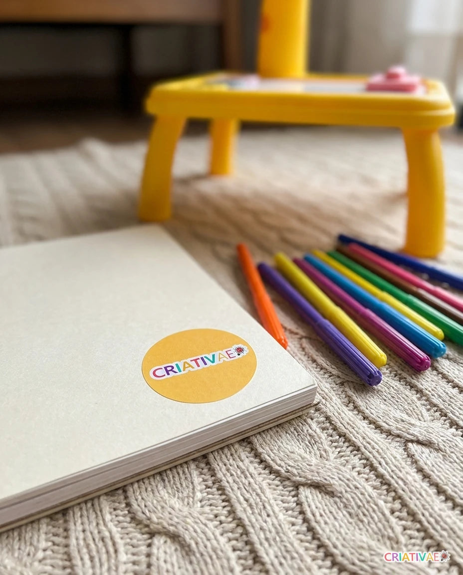 Adesivo Criativaê colado no caderno de desenho com a Table Kids ao fundo
