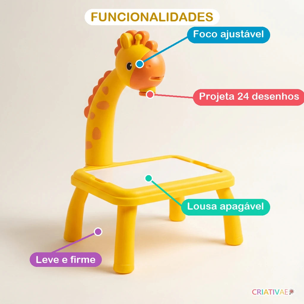Funcionalidades da Table Kids: foco ajustável, projeta 24 desenhos, lousa apagável