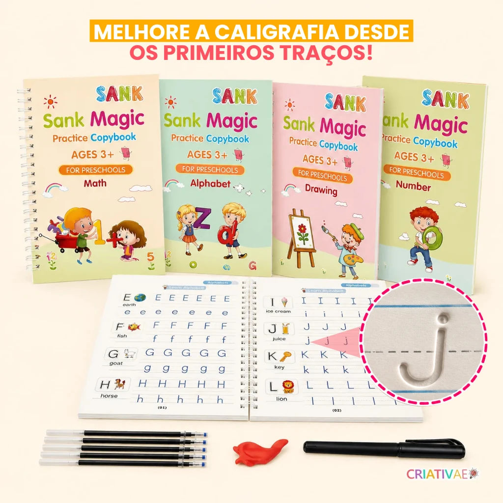Cadernos Mágicos Criativaê - Kit 4 Cadernos de Caligrafia Reutilizáveis (Com Caneta Mágica, Recargas e Suporte de Escrita)