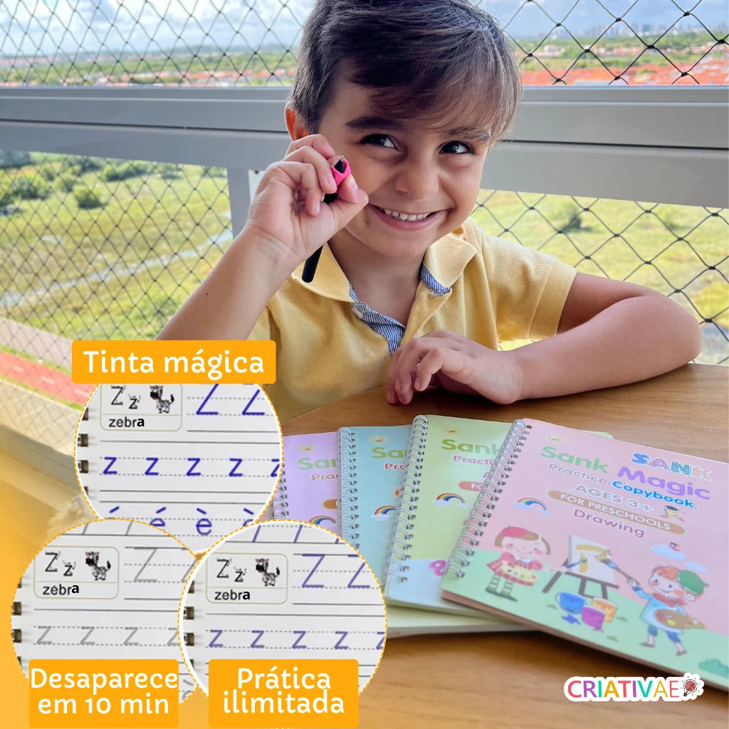 Cadernos Mágicos Criativaê - Kit 4 Cadernos de Caligrafia Reutilizáveis (Com Caneta Mágica, Recargas e Suporte de Escrita)