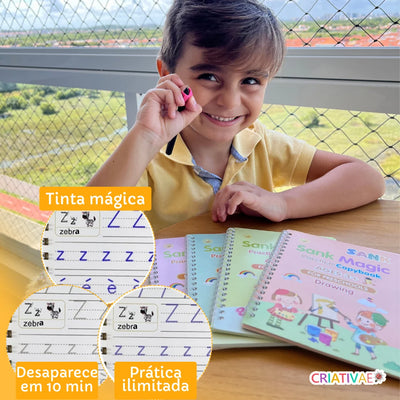 Cadernos Mágicos Criativaê - Kit 4 Cadernos de Caligrafia Reutilizáveis (Com Caneta Mágica, Recargas e Suporte de Escrita)