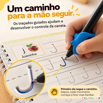 Cadernos Mágicos Criativaê - Kit 4 Cadernos de Caligrafia Reutilizáveis (Com Caneta Mágica, Recargas e Suporte de Escrita)