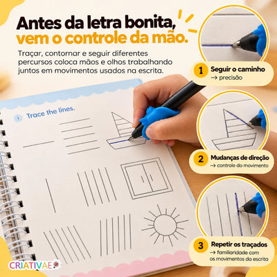 Cadernos Mágicos Criativaê - Kit 4 Cadernos de Caligrafia Reutilizáveis (Com Caneta Mágica, Recargas e Suporte de Escrita)