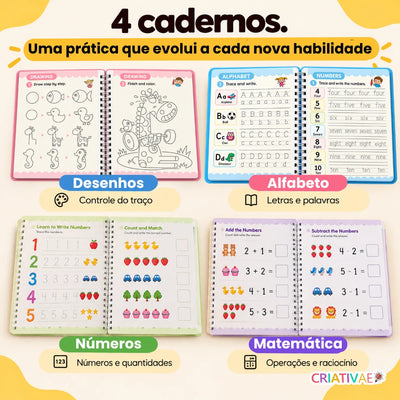 Cadernos Mágicos Criativaê - Kit 4 Cadernos de Caligrafia Reutilizáveis (Com Caneta Mágica, Recargas e Suporte de Escrita)