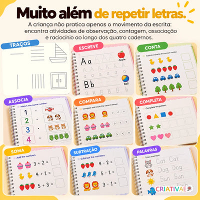 Cadernos Mágicos Criativaê - Kit 4 Cadernos de Caligrafia Reutilizáveis (Com Caneta Mágica, Recargas e Suporte de Escrita)