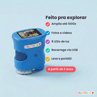 Benefícios do microscópio infantil Micro Kids: amplia até 1000x, fotos e vídeos, 8 LEDs, USB, leve