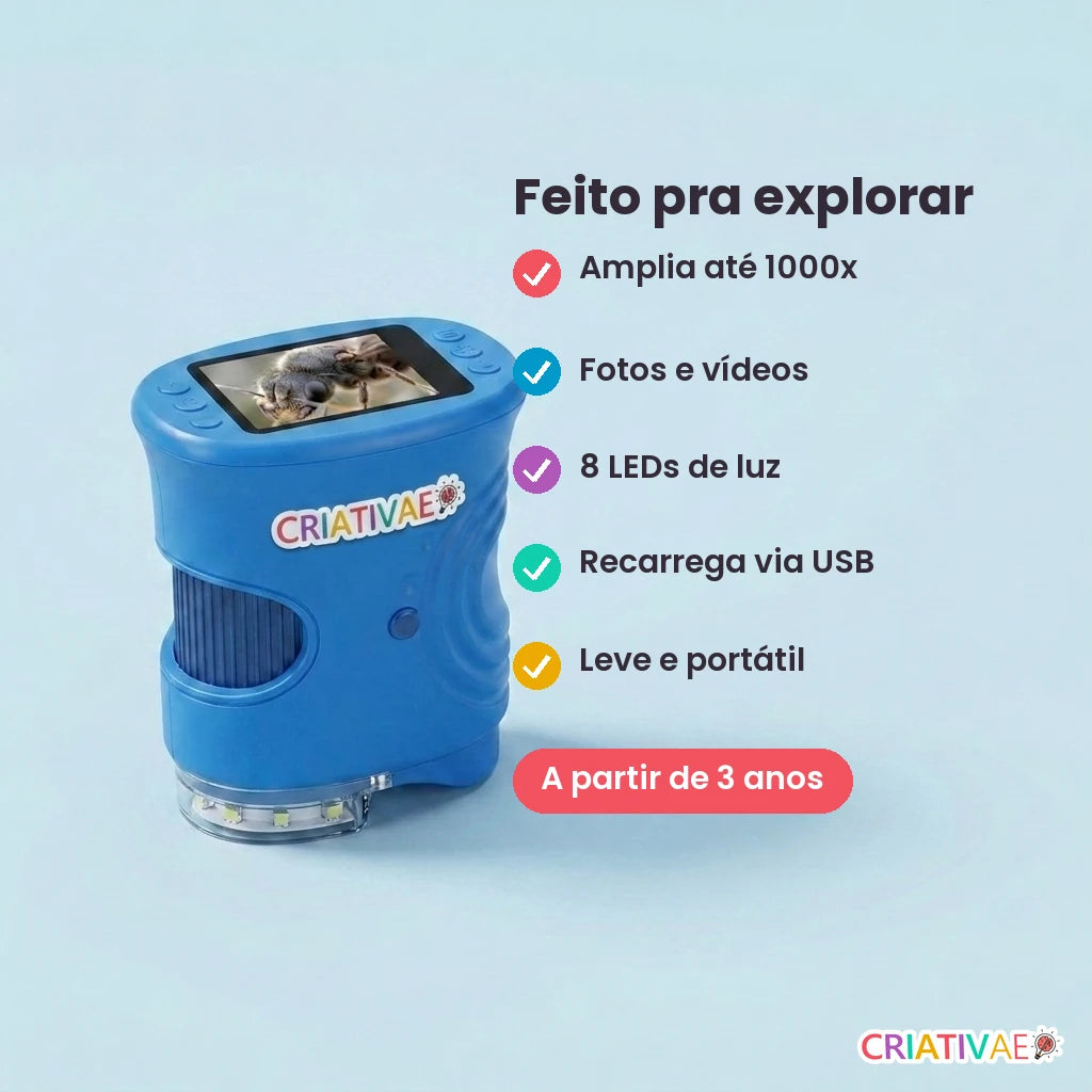 Benefícios do microscópio infantil Micro Kids: amplia até 1000x, fotos e vídeos, 8 LEDs, USB, leve