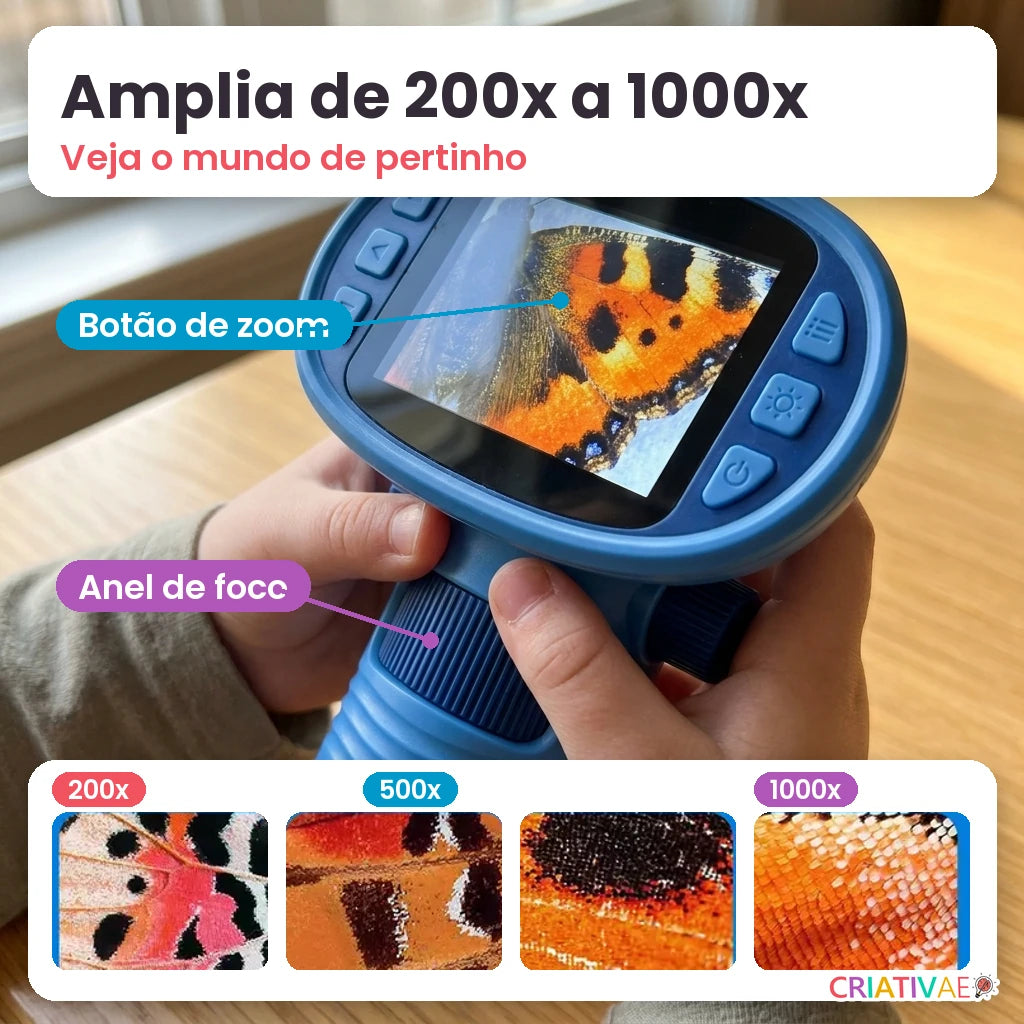 Micro Kids amplia de 200x a 1000x: botão de zoom e anel de foco