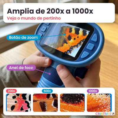 Micro Kids amplia de 200x a 1000x: botão de zoom e anel de foco