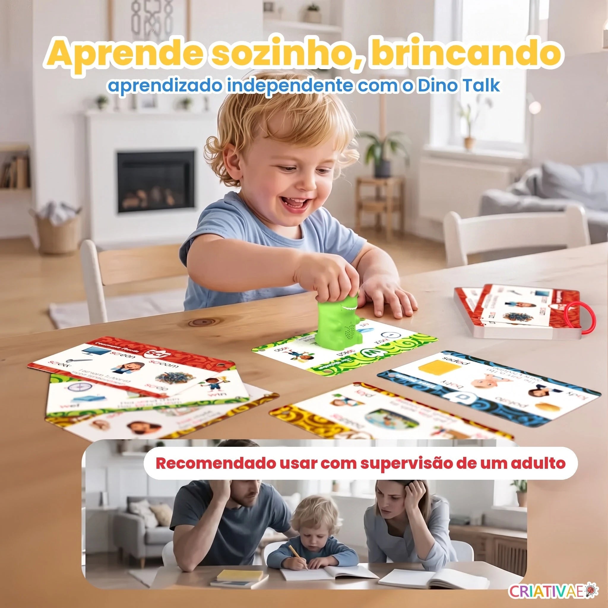 Menino usando o Dino Talk sozinho na mesa, com recomendação de supervisão de um adulto
