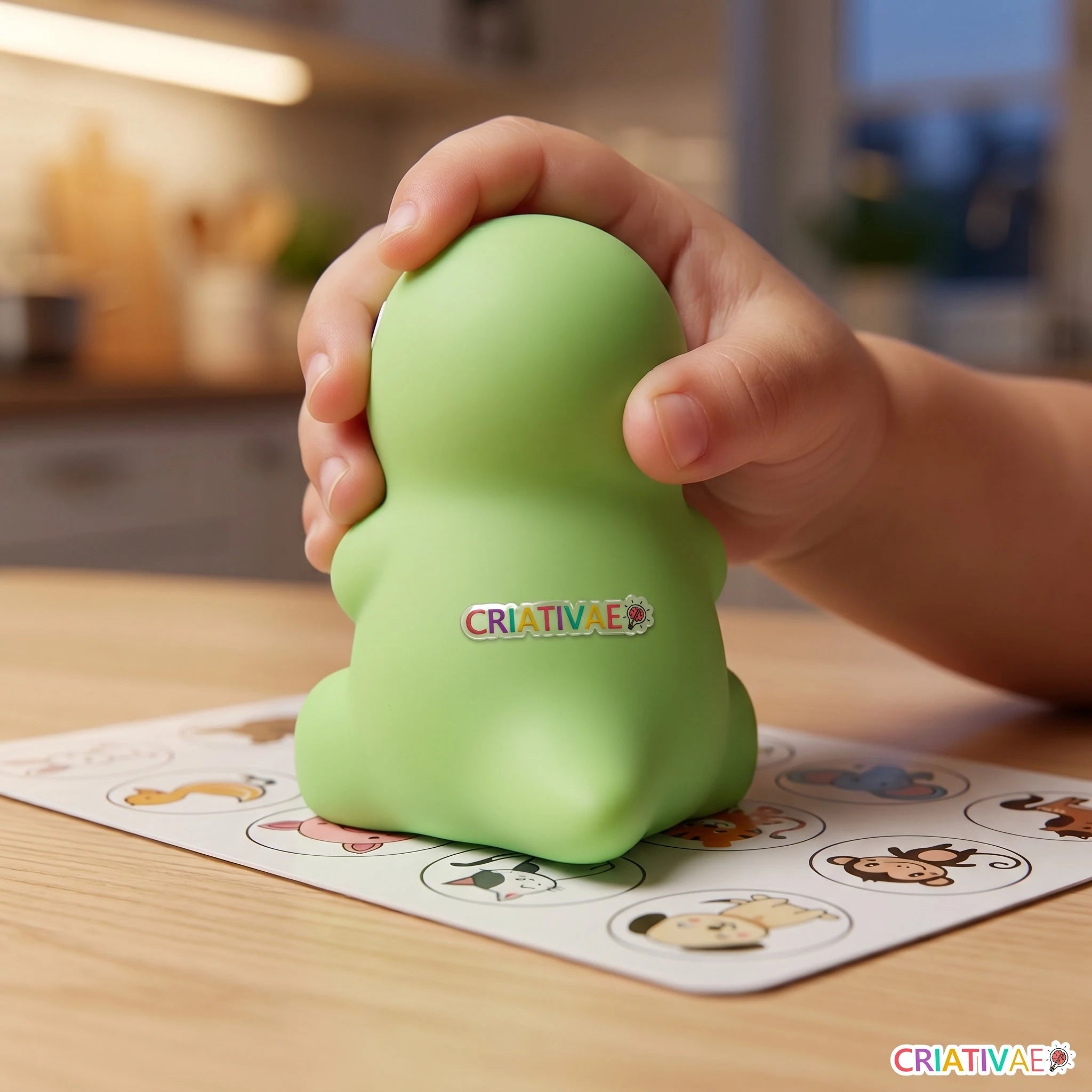 Mão de criança encostando o Dino Talk no flash card para ouvir a palavra em inglês
