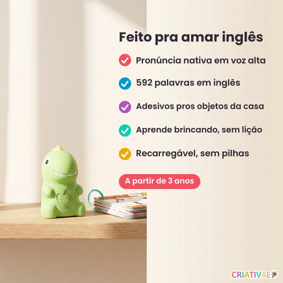 Benefícios do Dino Talk: pronúncia nativa, 592 palavras, adesivos, aprende brincando