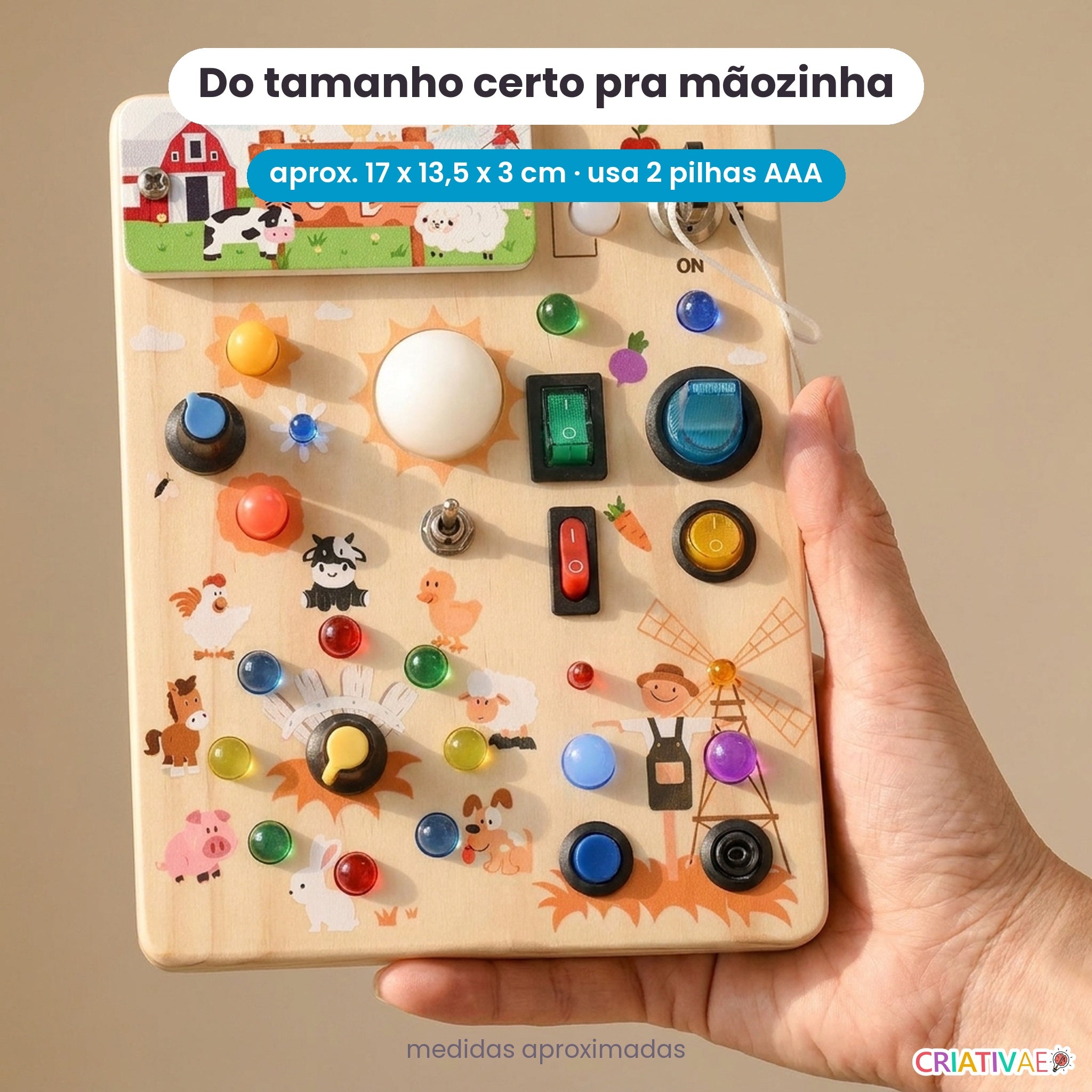 Painel sensorial Busy Kids na mão: tamanho certo pra mãozinha