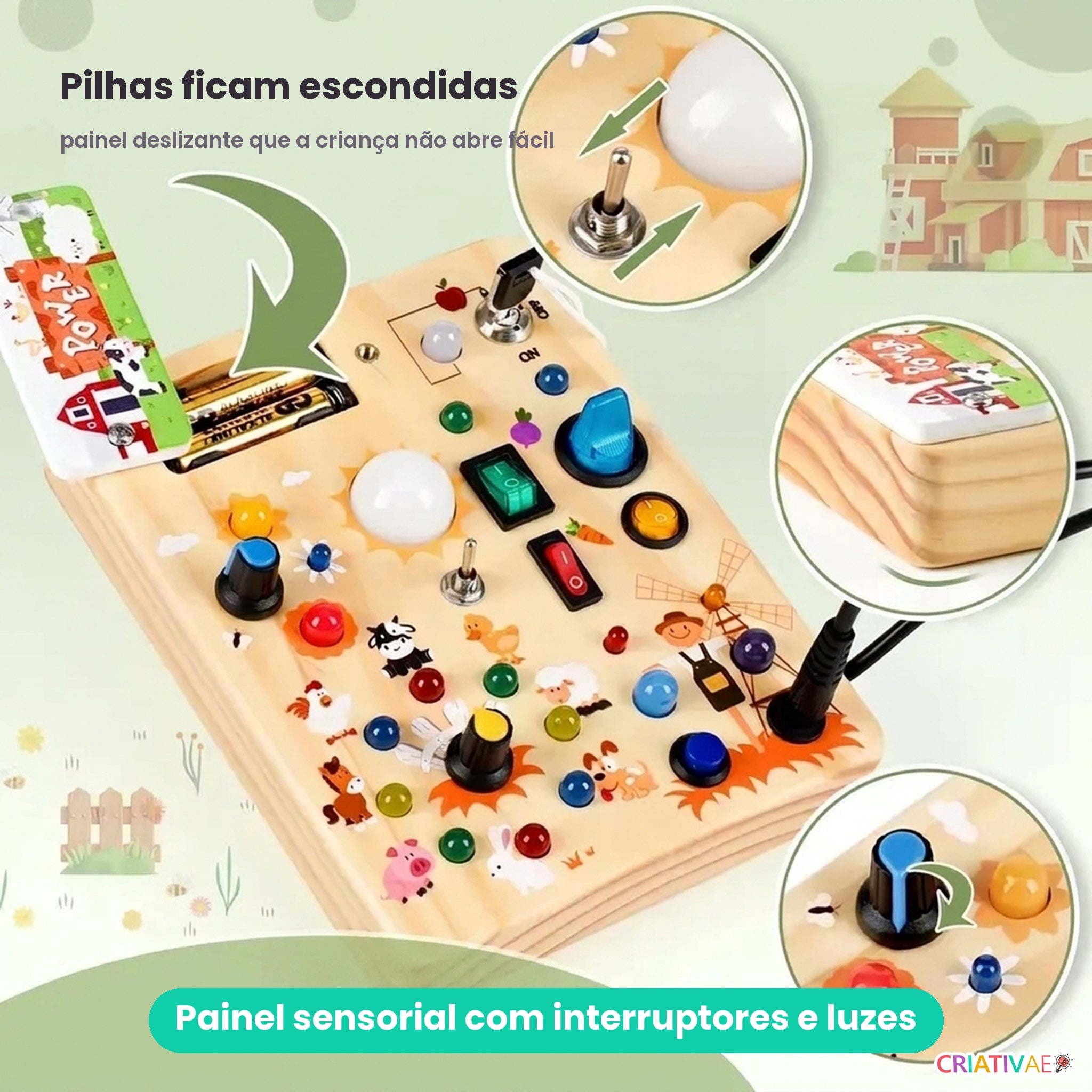 Detalhes do painel sensorial Busy Kids: toggle, painel de pilhas e knobs giratórios